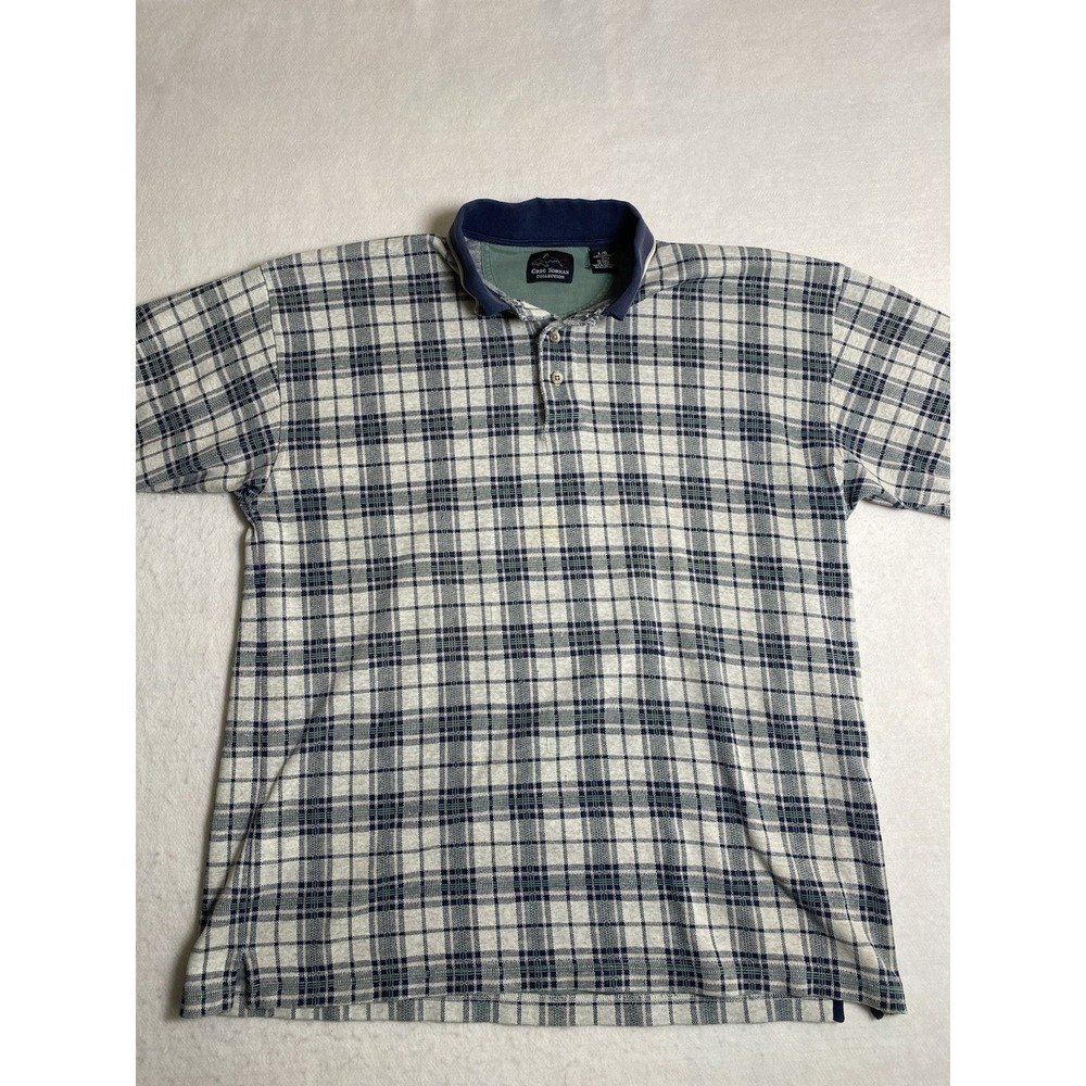 Greg Norman Collection Mens L Polo Shirt Large Blue Green Plaid Cotton Golf